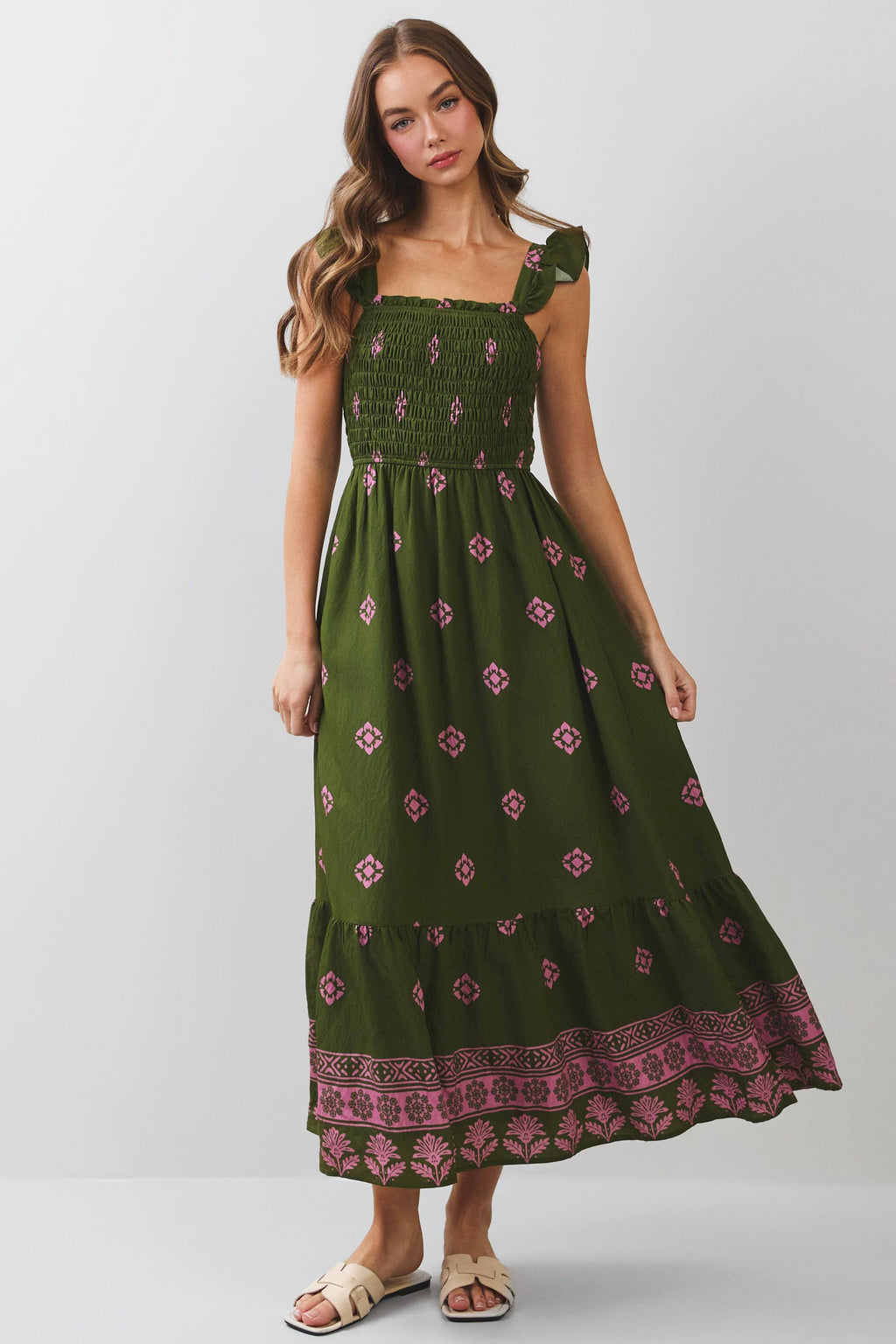 TCEC - CD07351-Smocked Border Print Maxi Dress