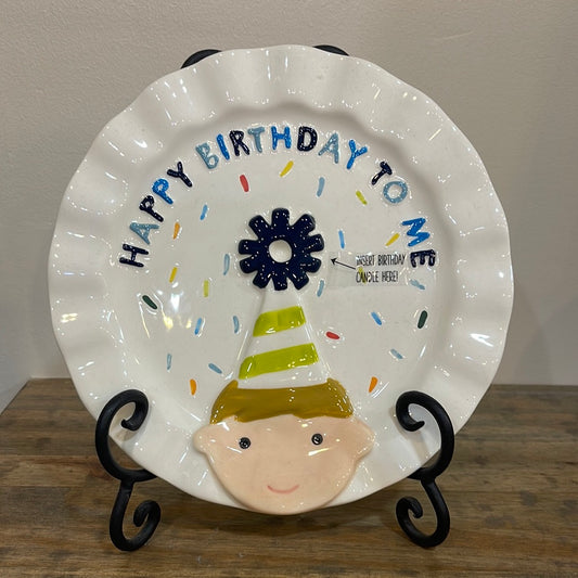 White ceramic birthday plate featuring young boy in a party hat and "Happy Birthday to me".