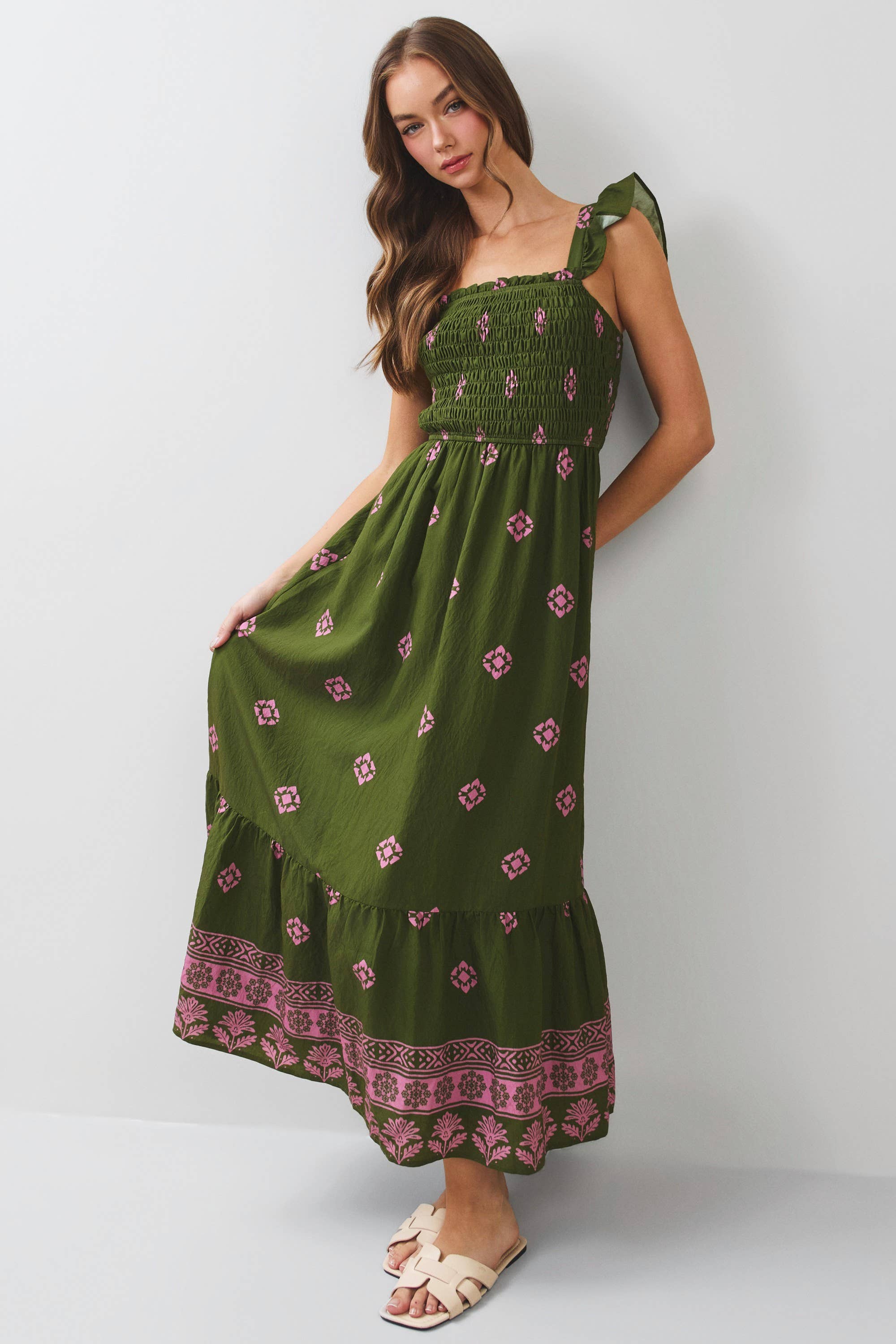 TCEC - CD07351-Smocked Border Print Maxi Dress