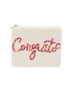 White beaded coin bag with "Congrats" in pink beads.