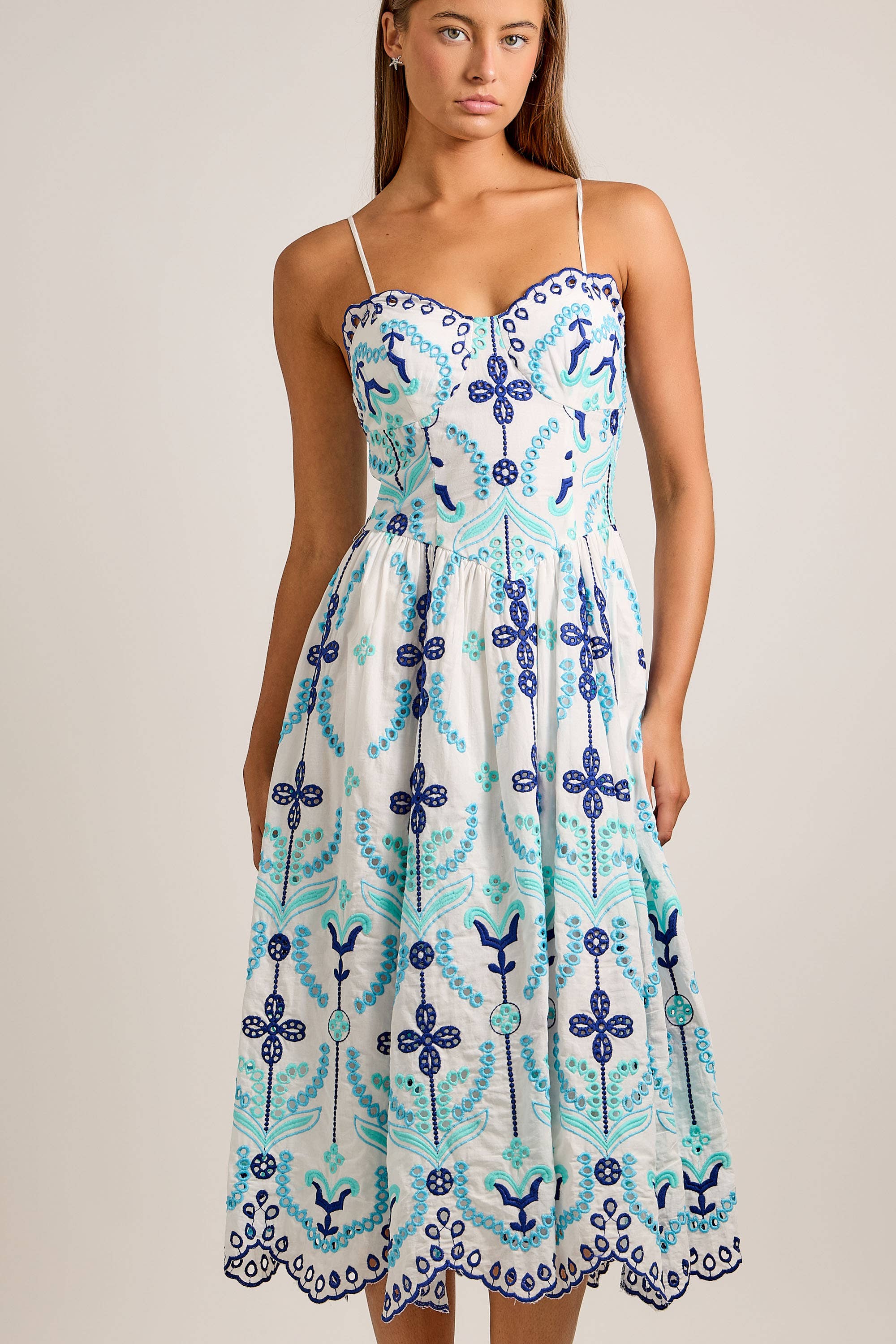 Embroidered Fit-and-Flare Midi Dress