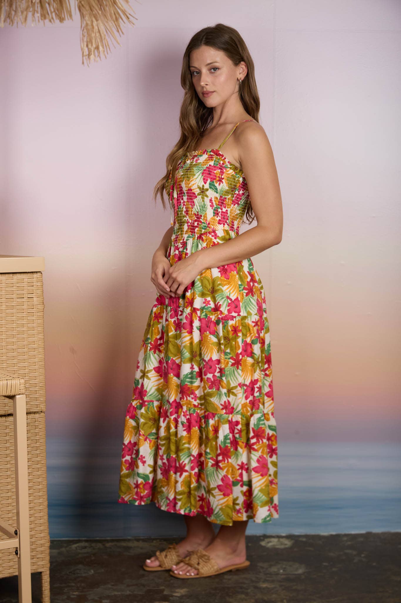 TROPICAL FLORAL SMOCKED SPAGHETTI STRAP MIDI DRESS