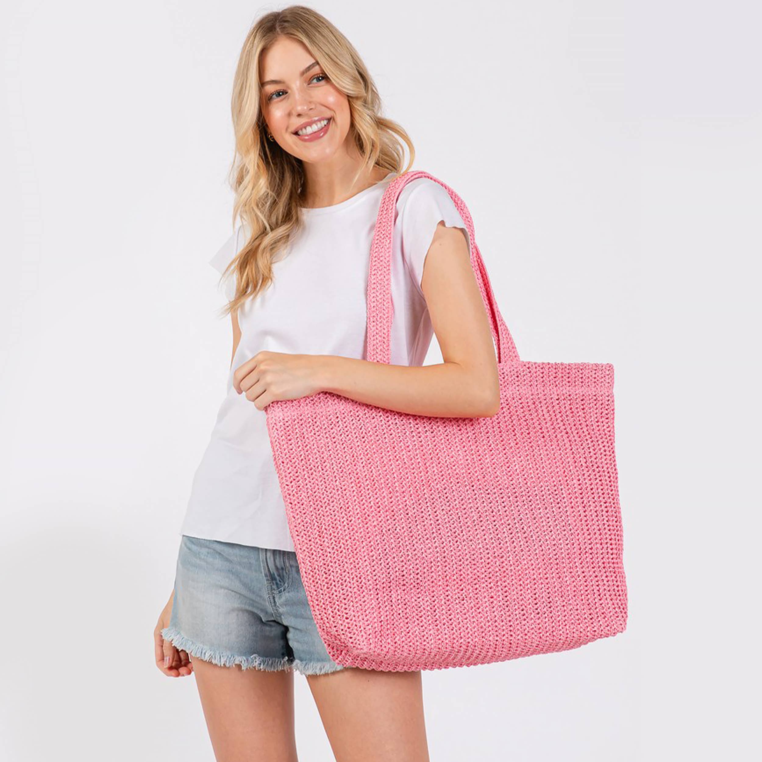 Solid Color Crochet Summer Straw Tote Bag