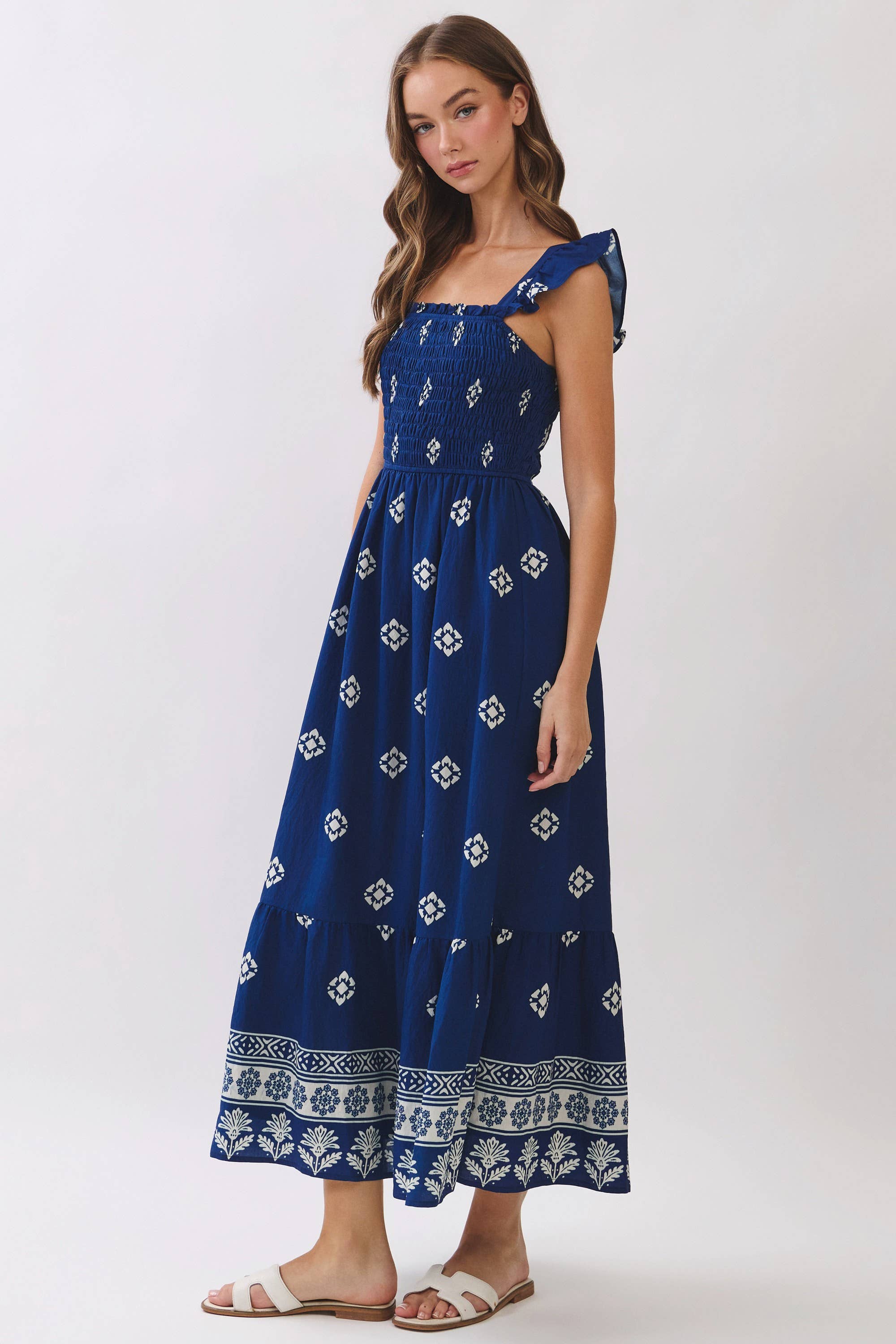 TCEC - CD07351-Smocked Border Print Maxi Dress
