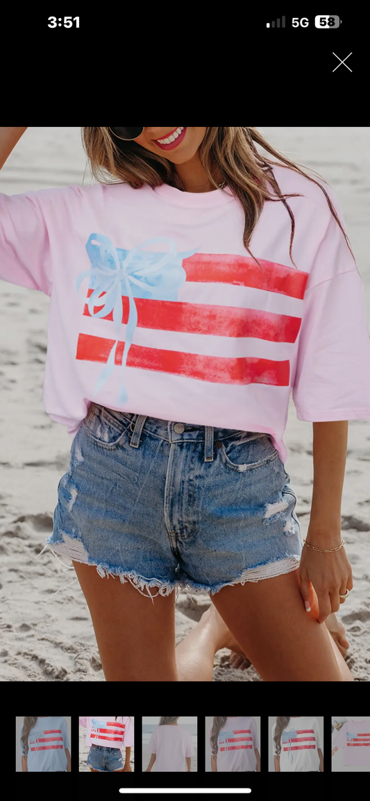 Pink Flag Bow Graphic Short Sleeve Tee
