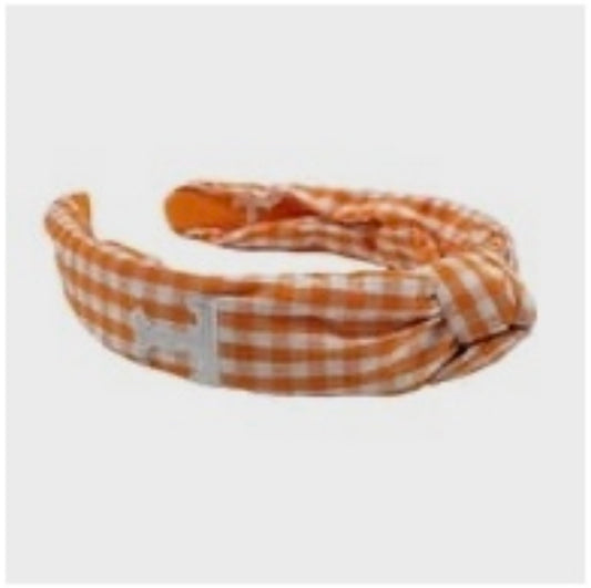 Topknot headband with orange and white gingham pattern displaying a white "T".