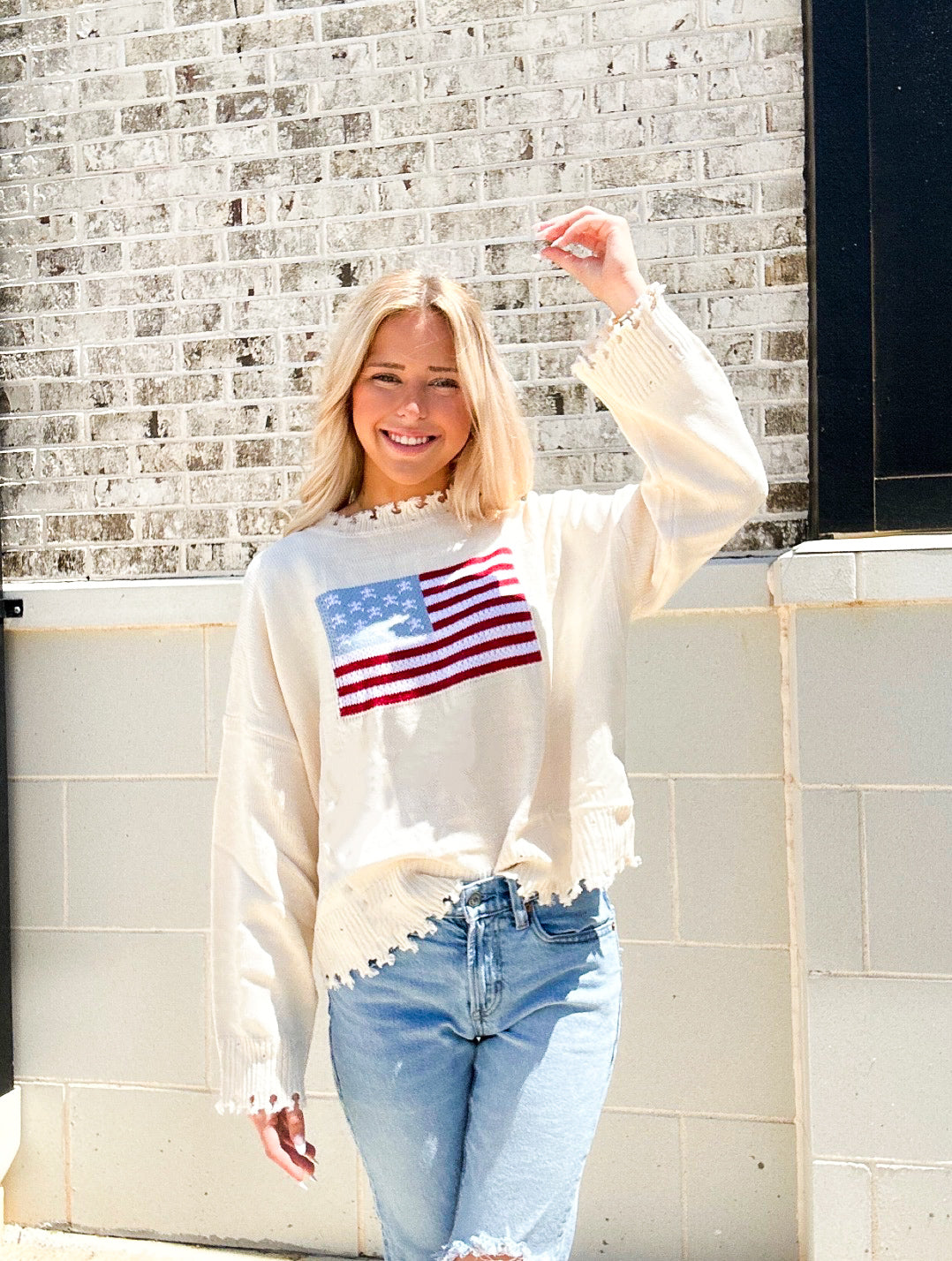 Womens Distressed Old Glory Graphic Sweater