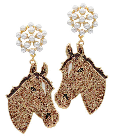 Beaded dangle earrings with horses and pearl studs.