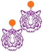 Dangle earrings with a purple tiger and orange stud.
