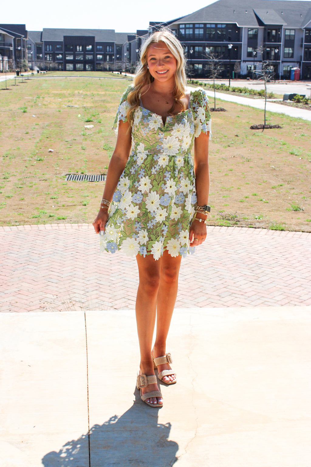 Floral Lace Puff Sleeve Embroidered Mini Dress