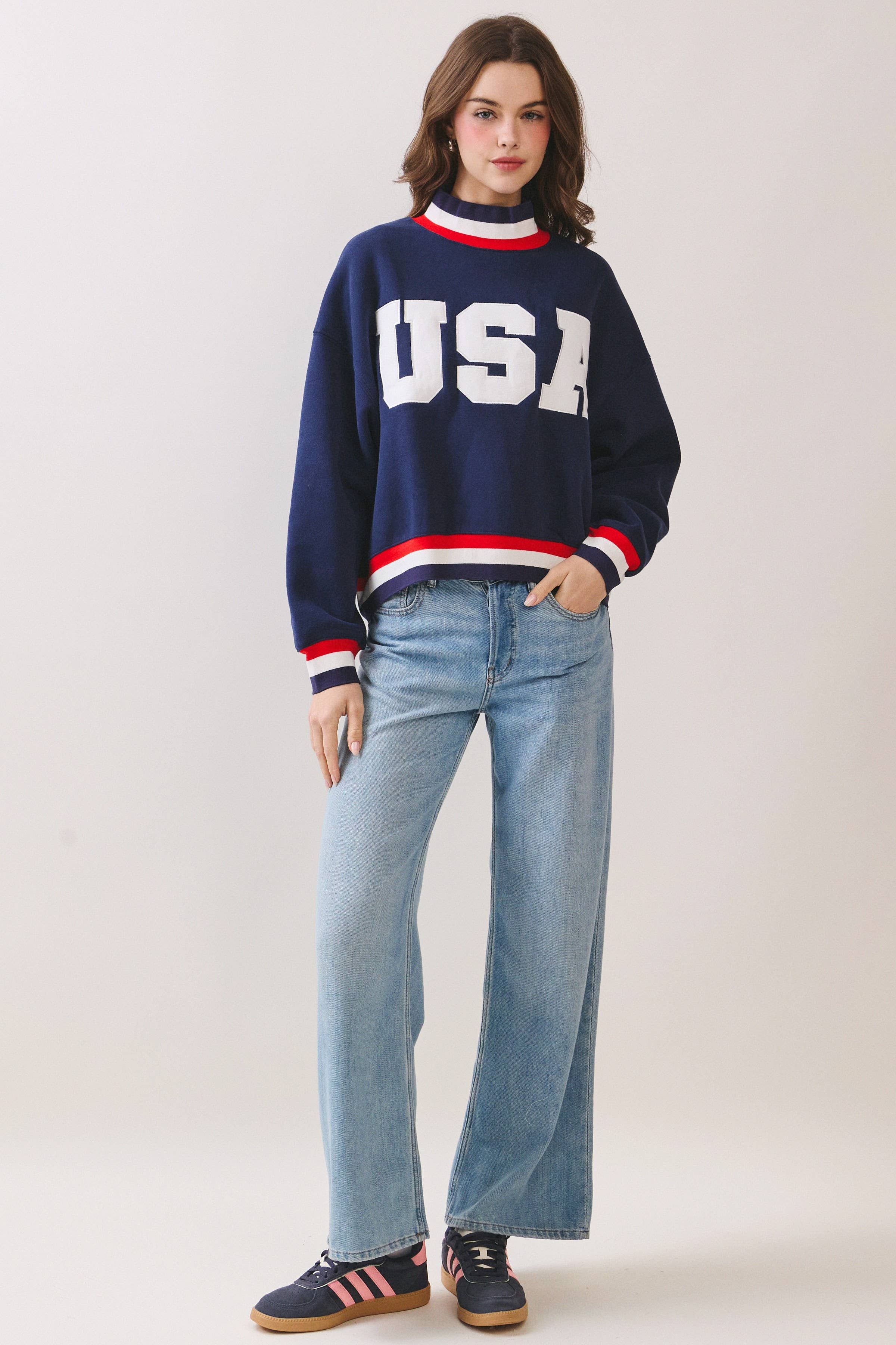 TCEC - CT9794-USA Letter Print Contrast Trim Sweatshirt