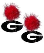 Acrylic Georgia Bulldogs Earrings with Red Fuzzy Pom-Pom and black "G" dangle.