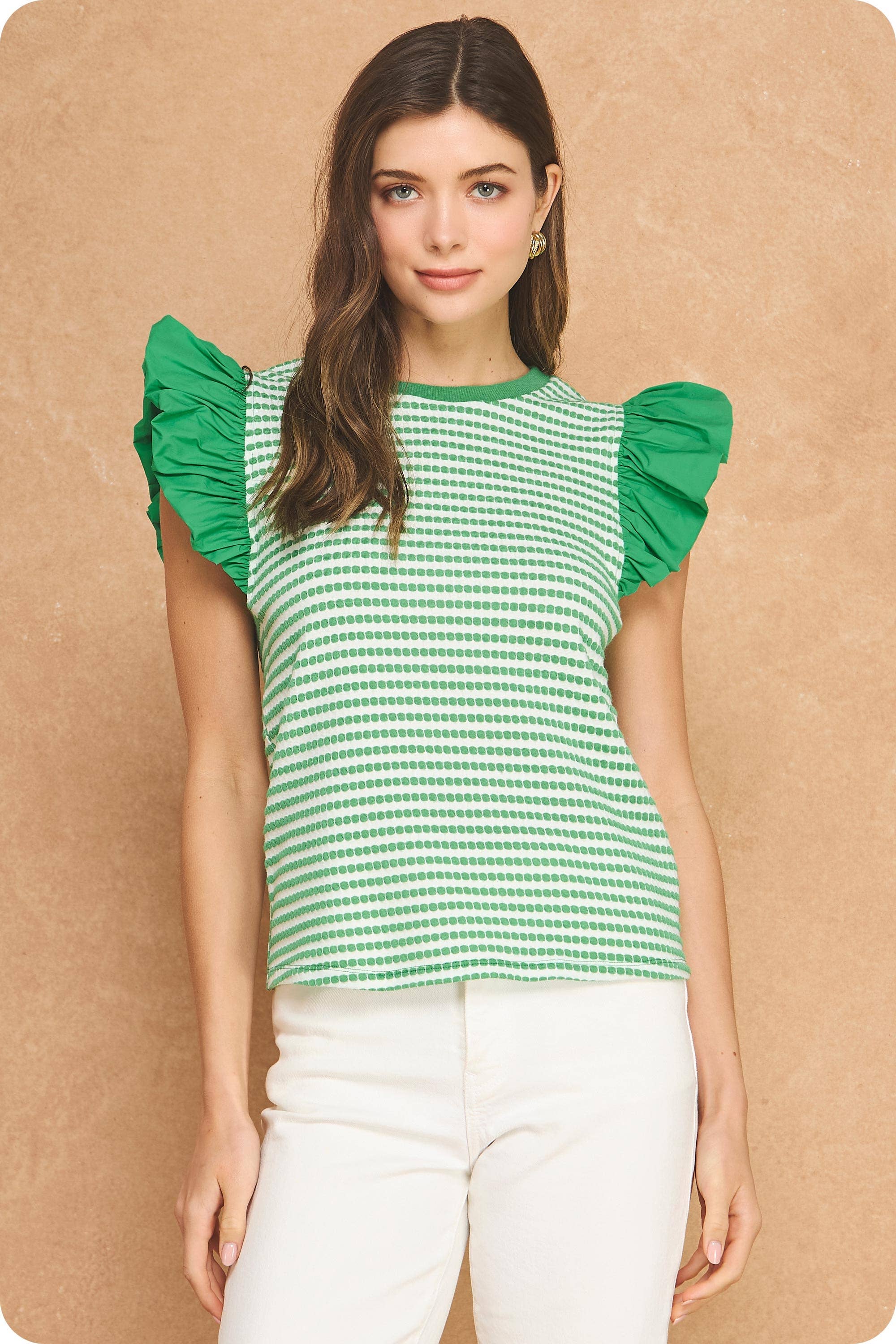 Strut & Bolt - Textured Stripe Bubble Ruffle Sleeve Knit Tee Top