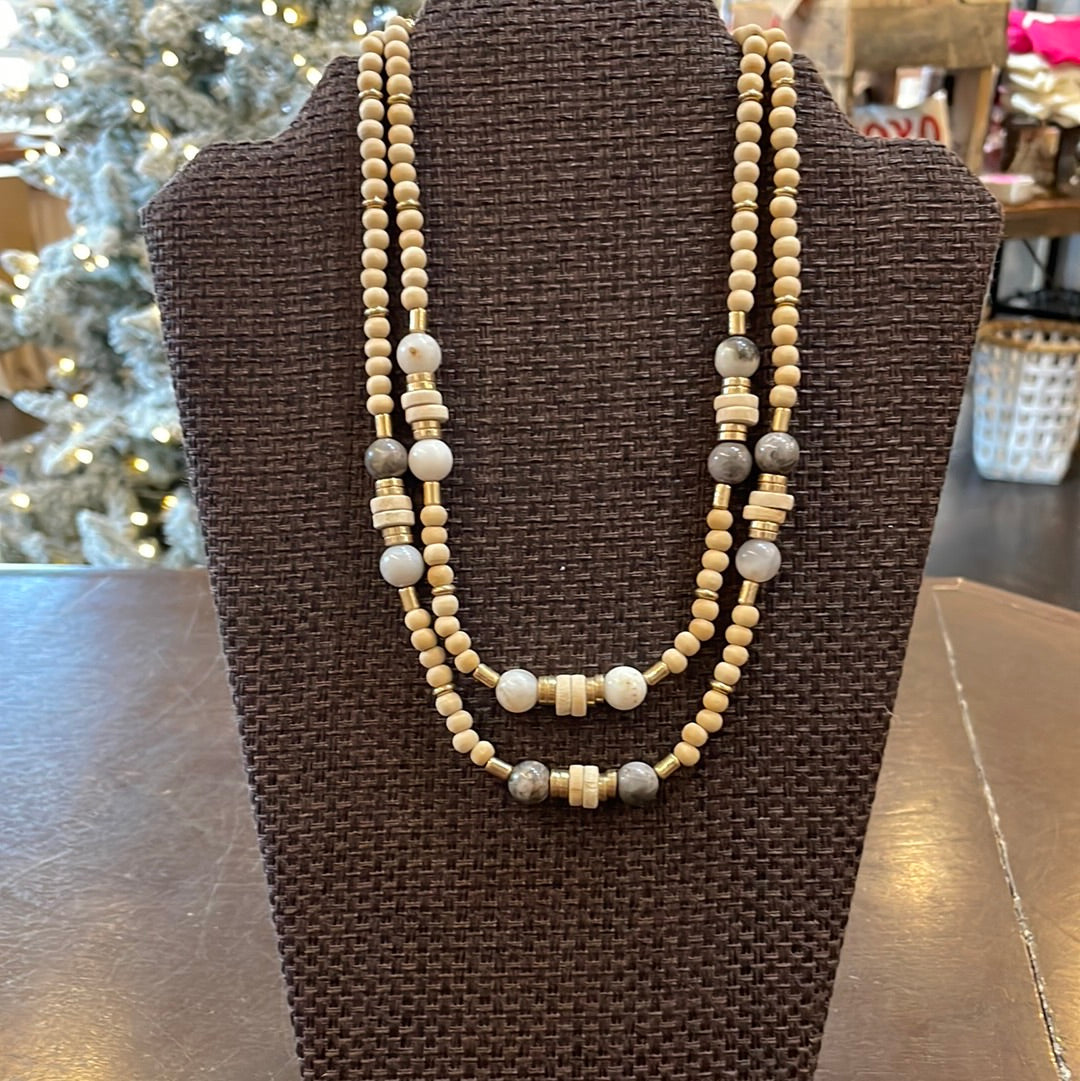Double Layered Wood Beaded Necklace