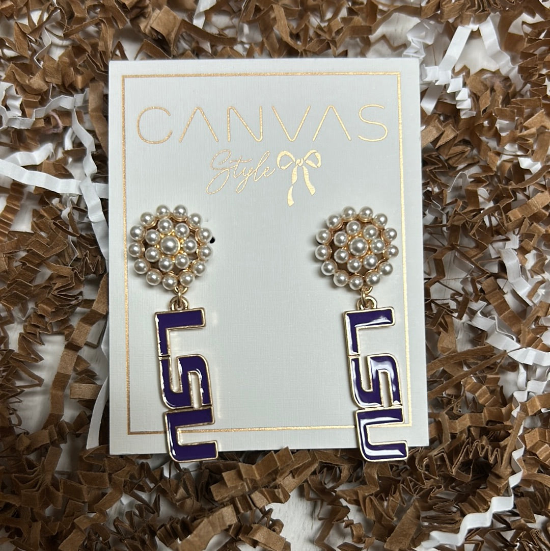 Louisiana State University college drop earrings with pearl cluster studs featuring "LSU" in purple and gold.