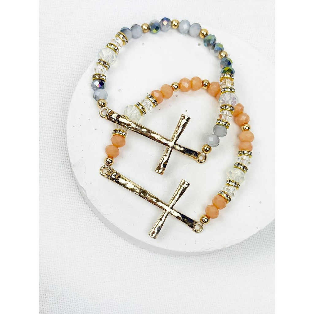 Love and Repeat - Hammered Cross Bead Stretch Bracelet