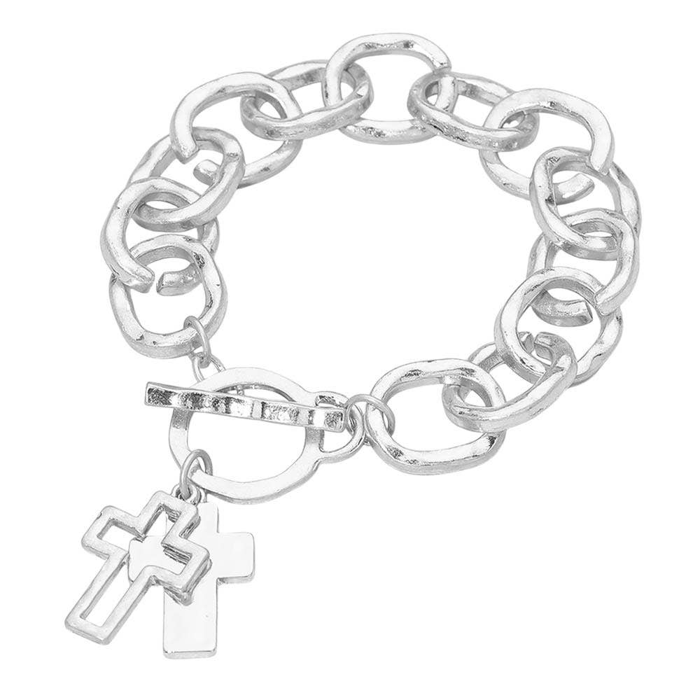 Hammered Layered Cross Charm Chunky Chain Toggle Bracelet