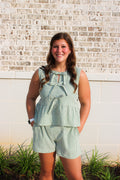STRIPE FRONT TIE SLEEVELESS RUFFLE HEM set