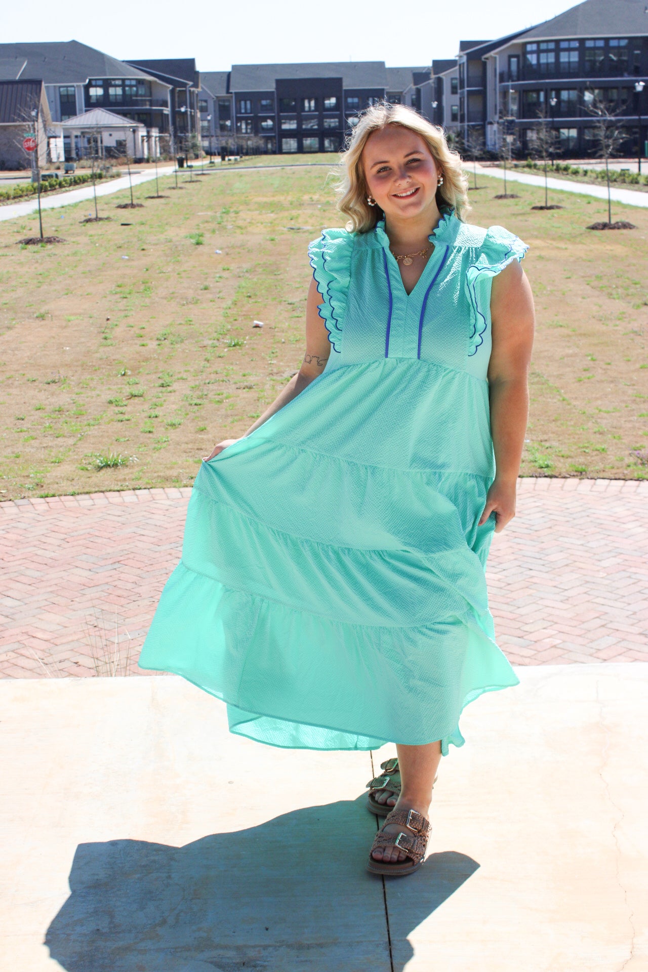 Seersucker Ruffle Sleeve Tiered Midi Dress