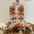 Orange and white beaded boot dangling earrings displaying "Game Day".