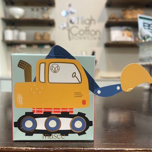 Boxed bath balm featuring a yellow excavator.