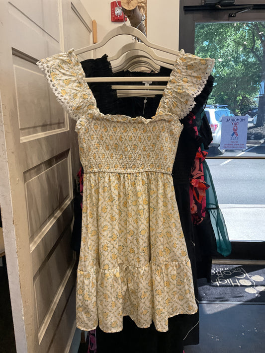 Yellow Floral Trellis Pattern Smocked Mini Dress