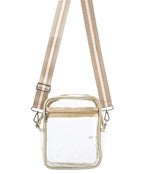 Clear bag with zipper pocket and gold striped strap.