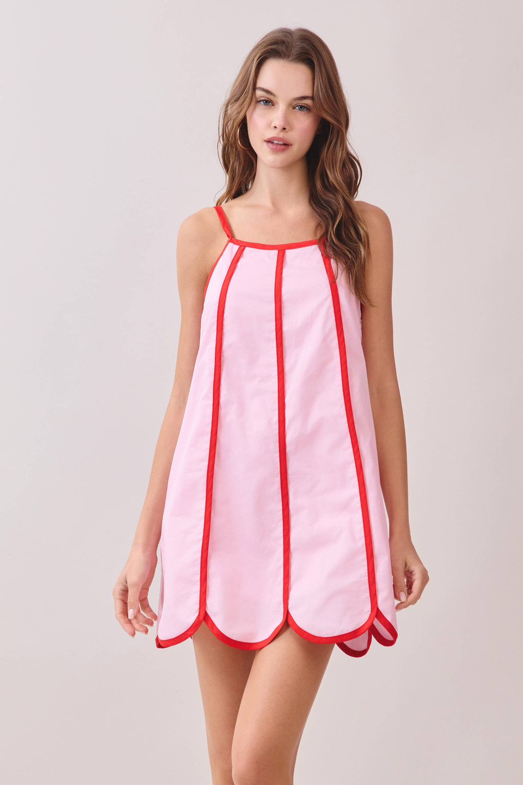 Contrast Trims Detail Scalloped Hem Mini Dress