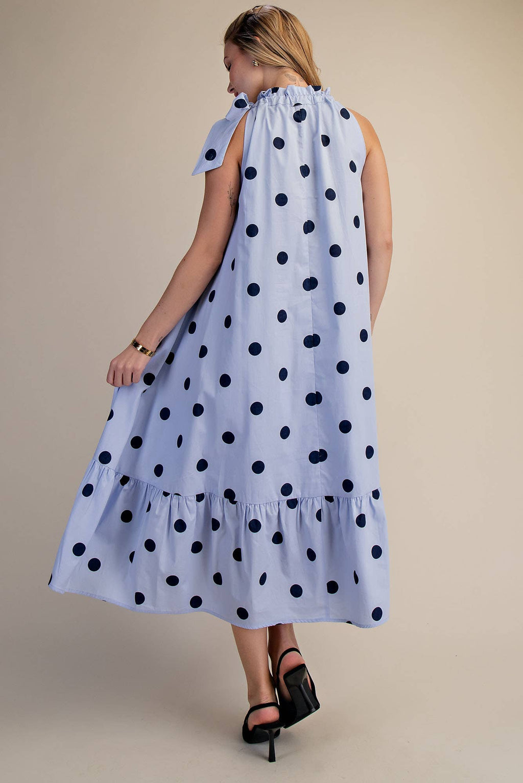 Ruffle Neck Tie Polka Dot Sleeveless Midi Dress