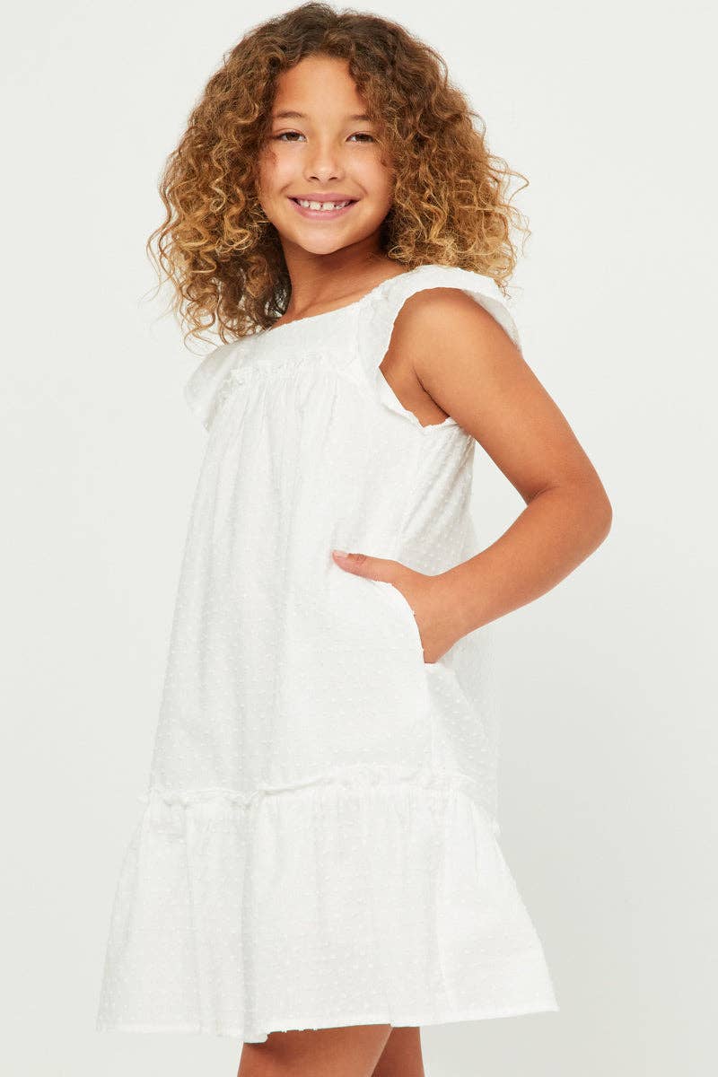 Girls Swiss Dot Ruffled Seamed Ruffle Shoulder Dress