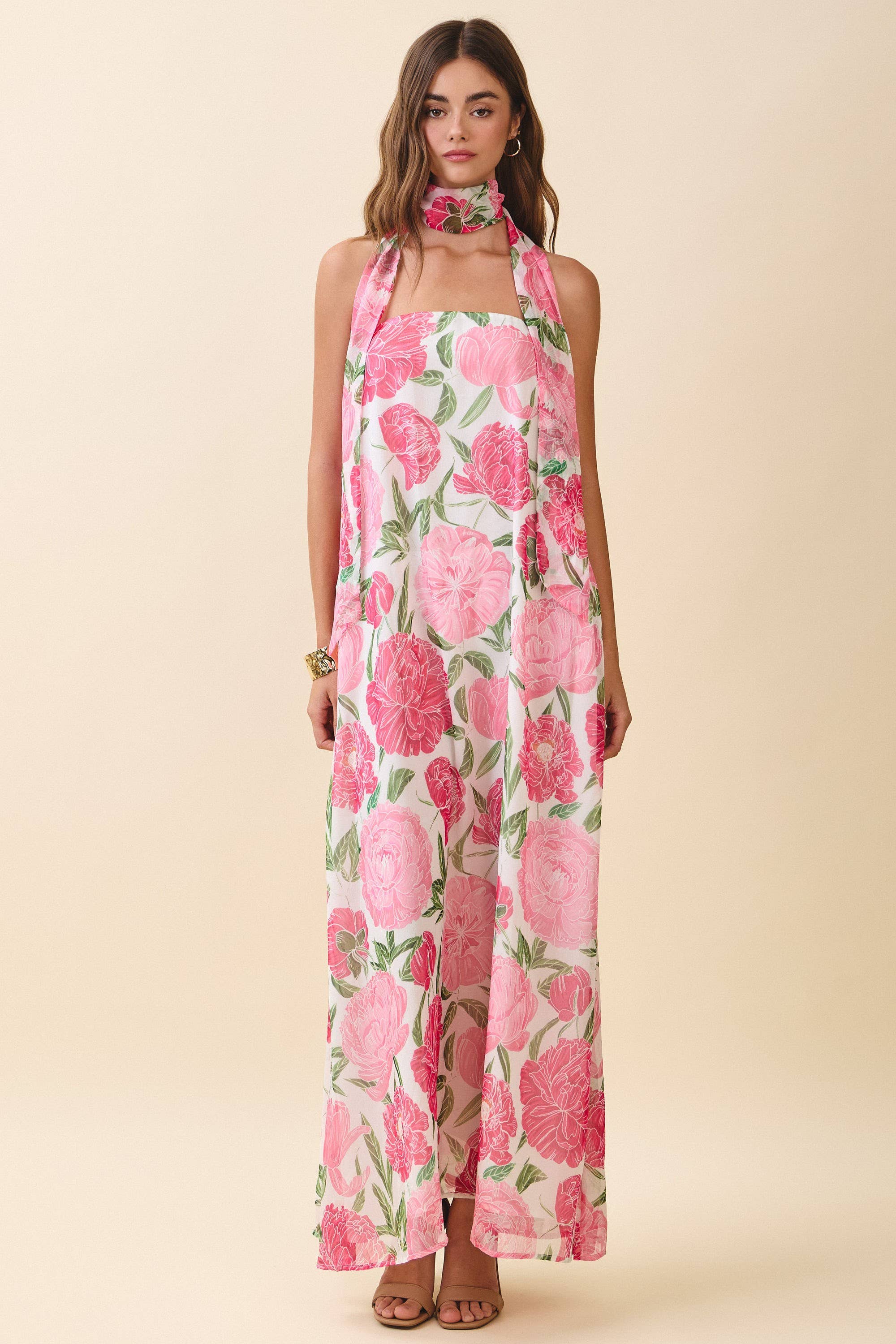 Strapless Floral Maxi Dress with Convertible Scarf