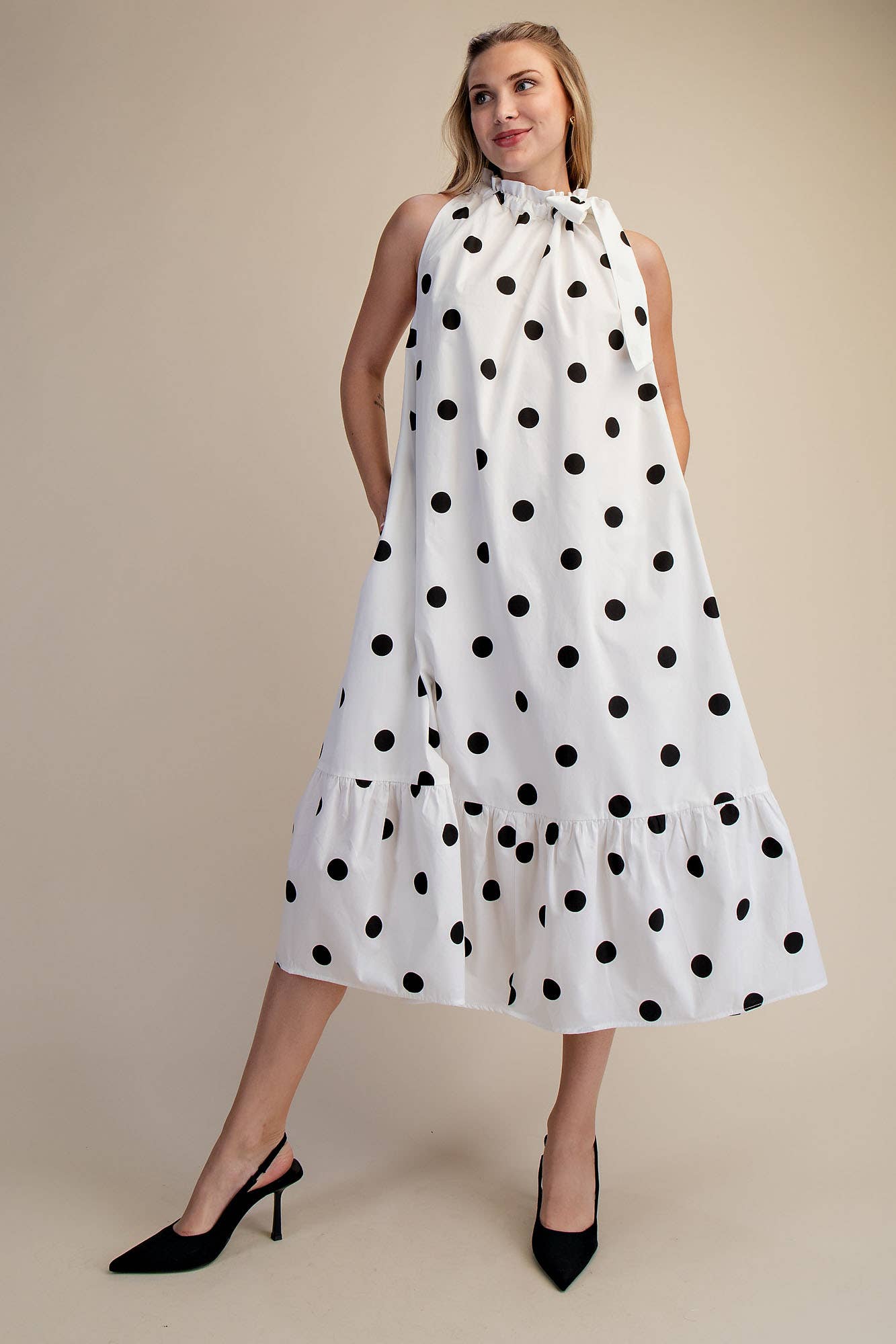 Ruffle Neck Tie Polka Dot Sleeveless Midi Dress