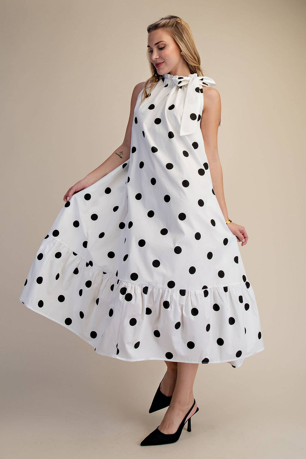 Ruffle Neck Tie Polka Dot Sleeveless Midi Dress