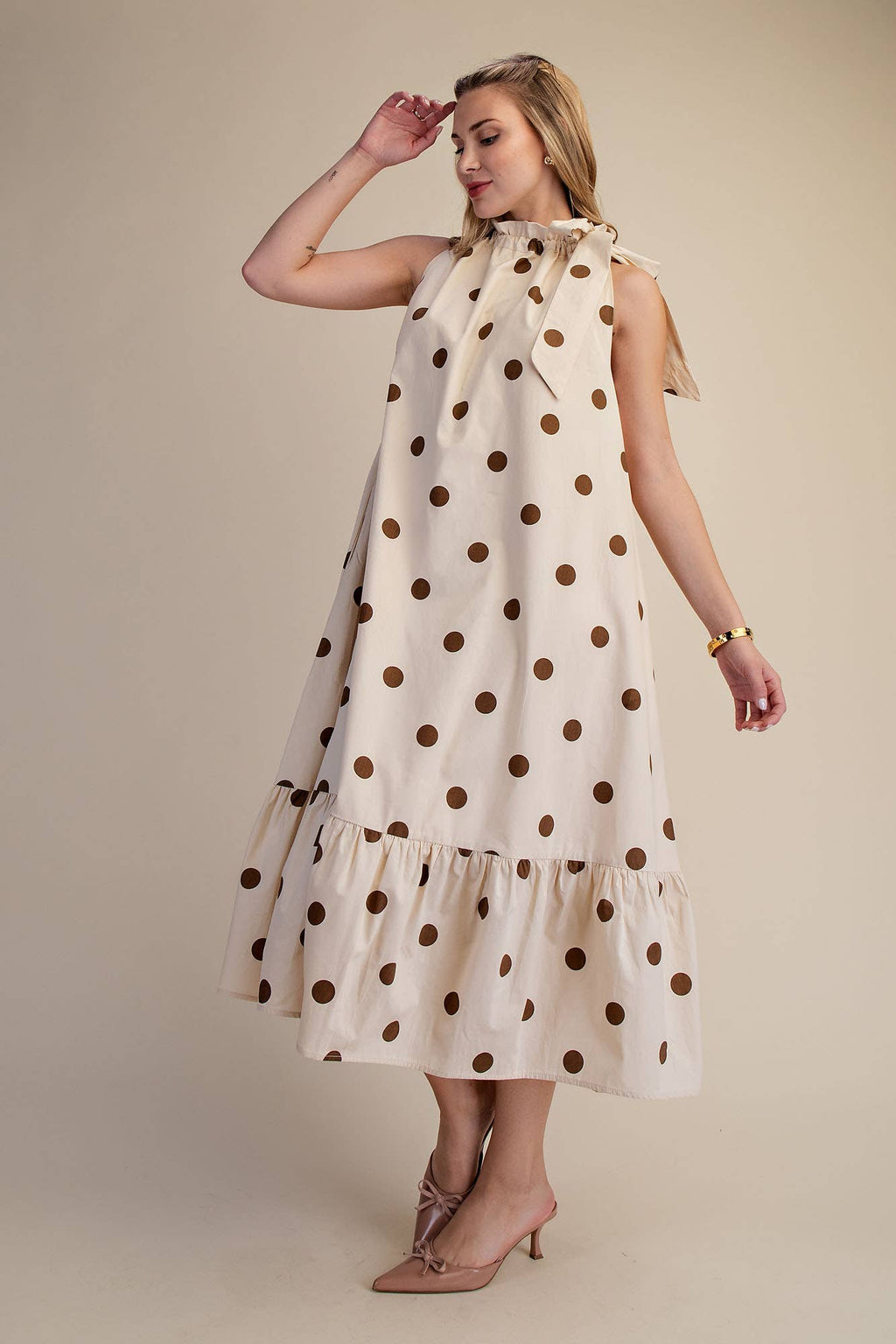 Ruffle Neck Tie Polka Dot Sleeveless Midi Dress