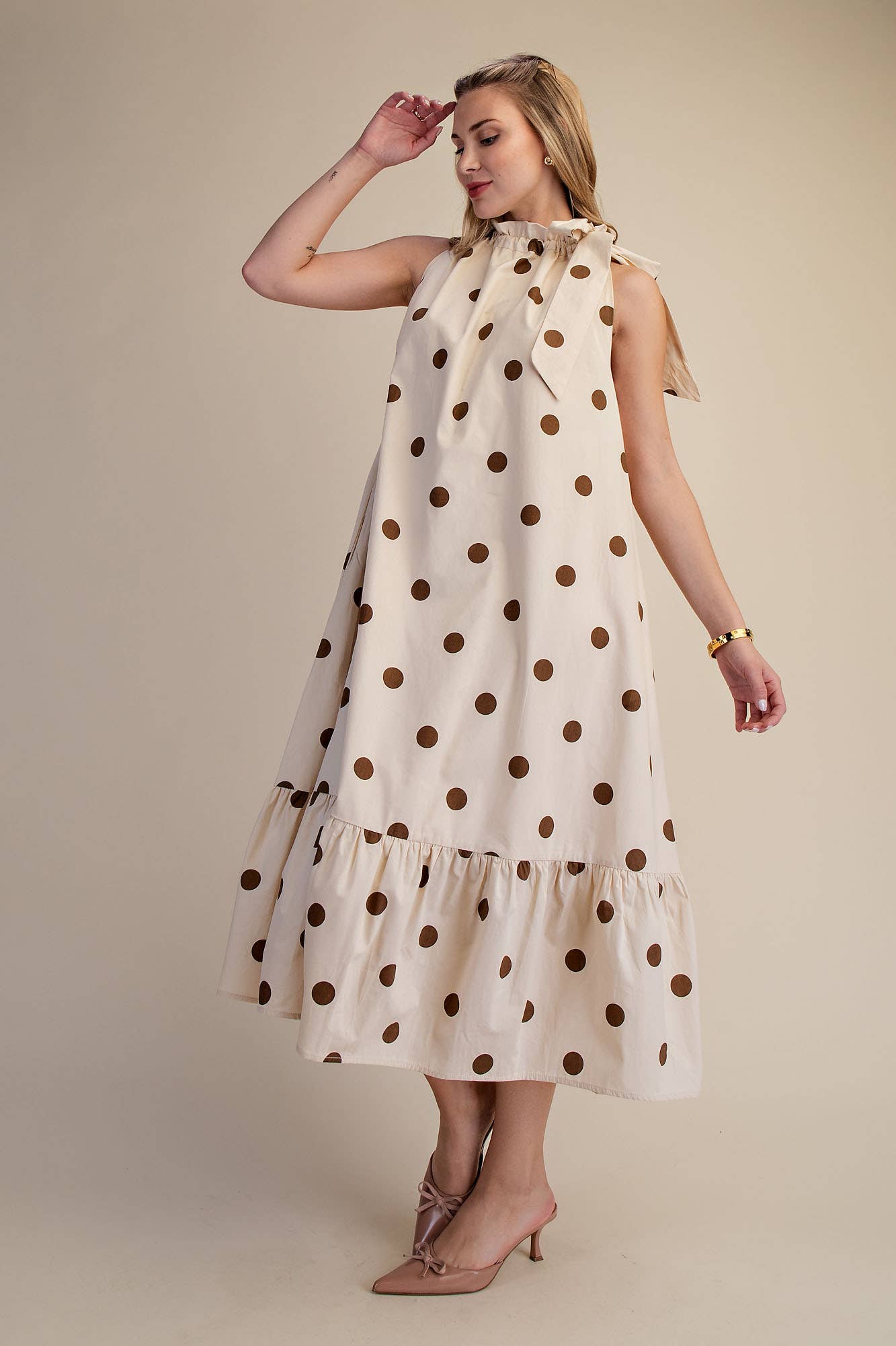 Ruffle Neck Tie Polka Dot Sleeveless Midi Dress
