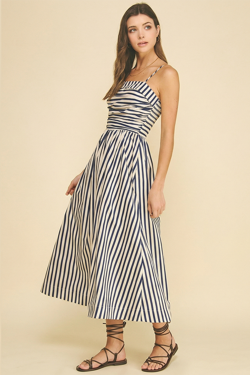 PINCH - STRIPED RUCHED DETAIL MIDI DRESS - 6201DA