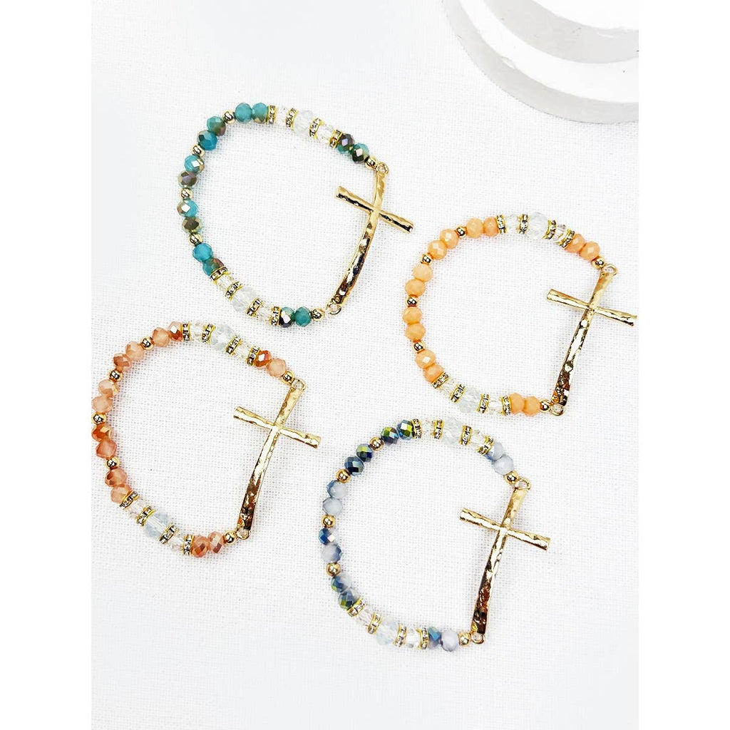 Love and Repeat - Hammered Cross Bead Stretch Bracelet