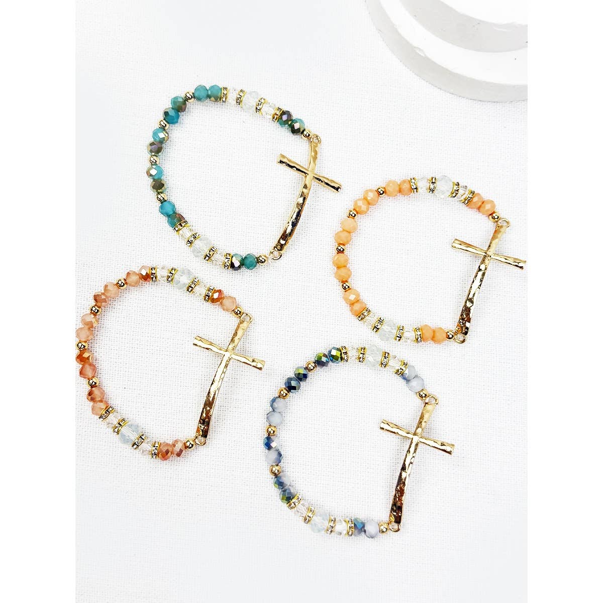 Love and Repeat - Hammered Cross Bead Stretch Bracelet