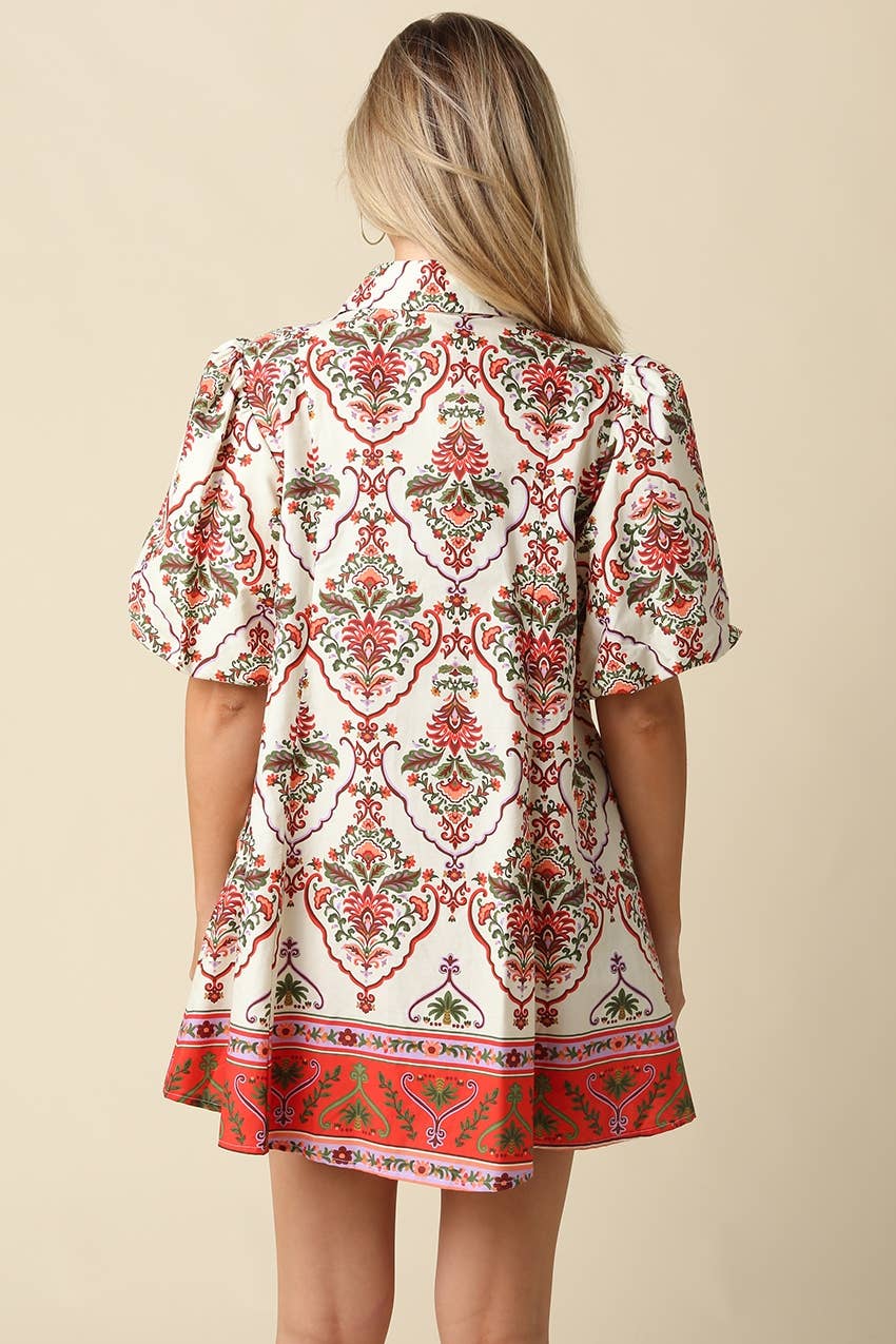 Olivaceous - Mary Print Puff Sleeve Mini Dress