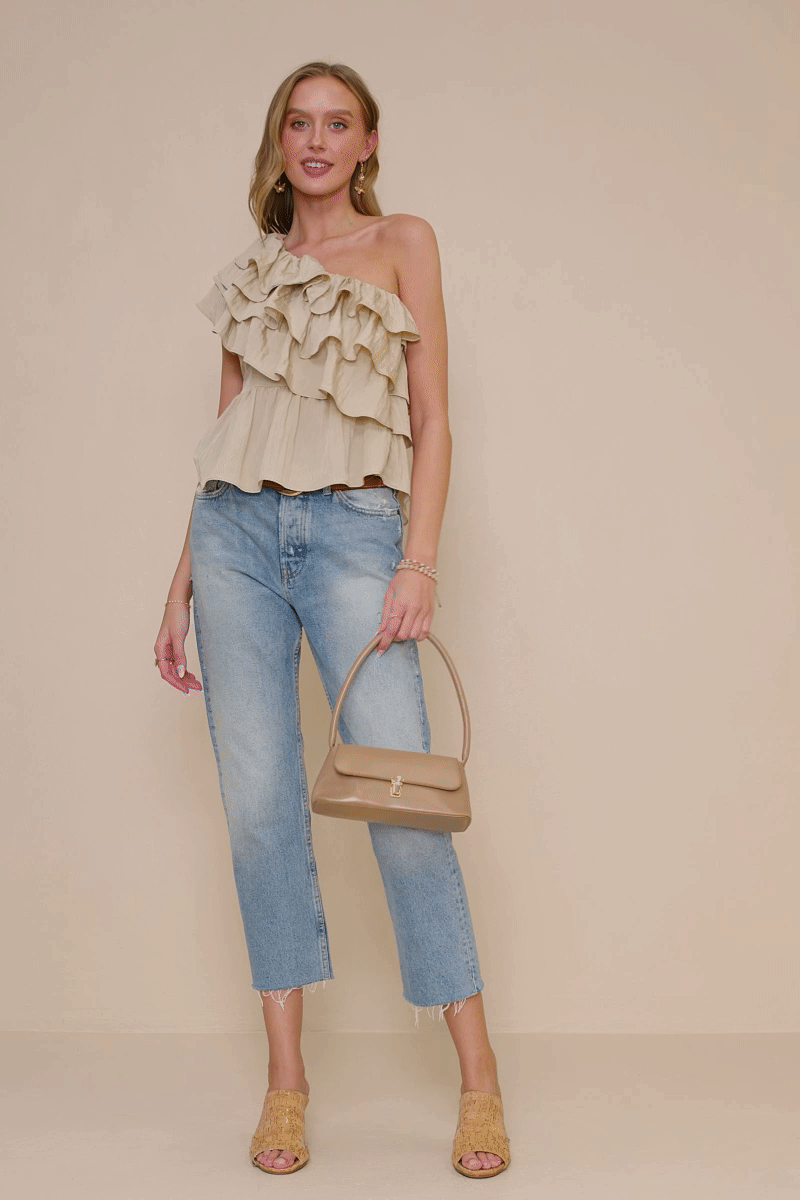 Womens One Shoulder Textured Layered Ruffle Top