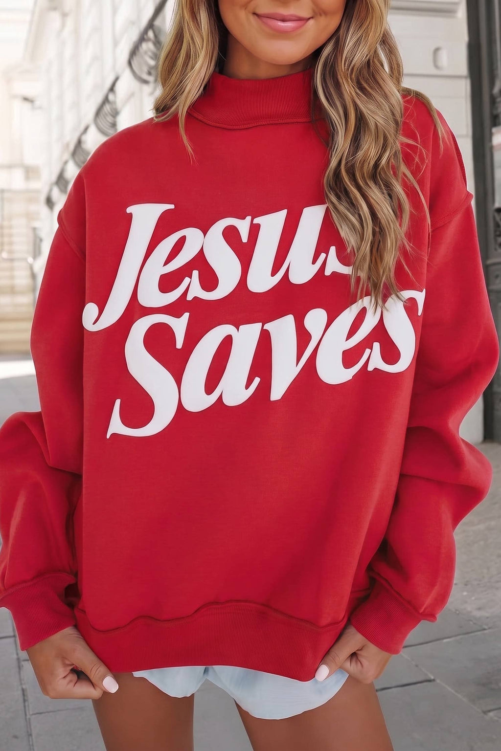 Aapparella - Jesus Saves Slogan Print Mock Neck Sweatshirt | S-4X