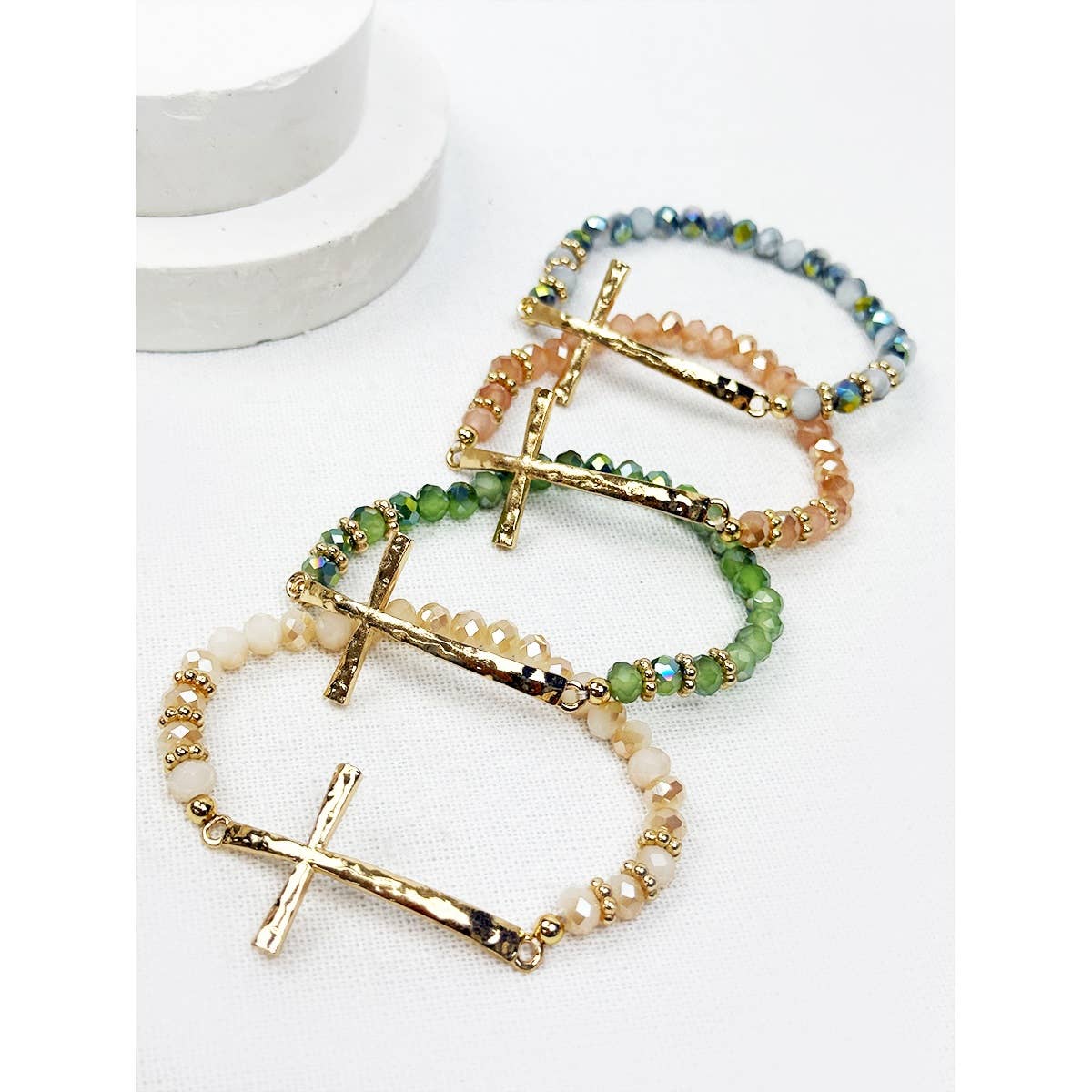 Love and Repeat - Hammered Cross Bead Stretch Bracelet