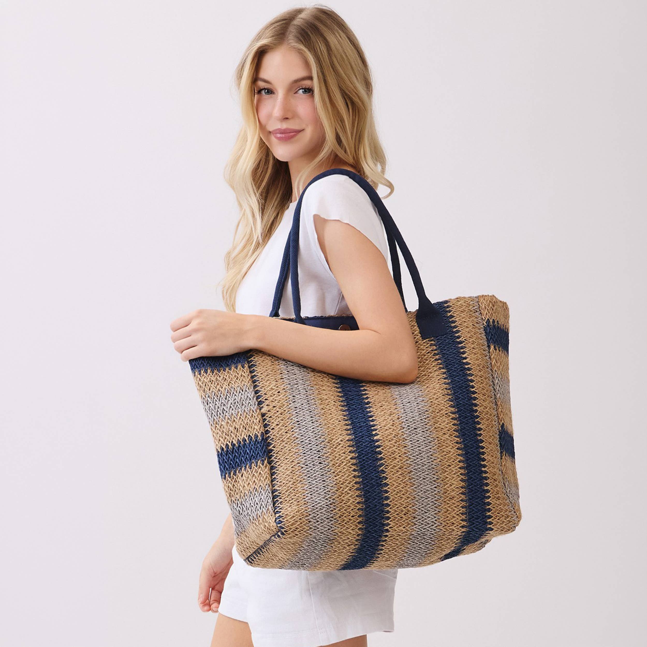 Hana - Multi Color Stripe Pattern Natural Brown Straw Tote Bag