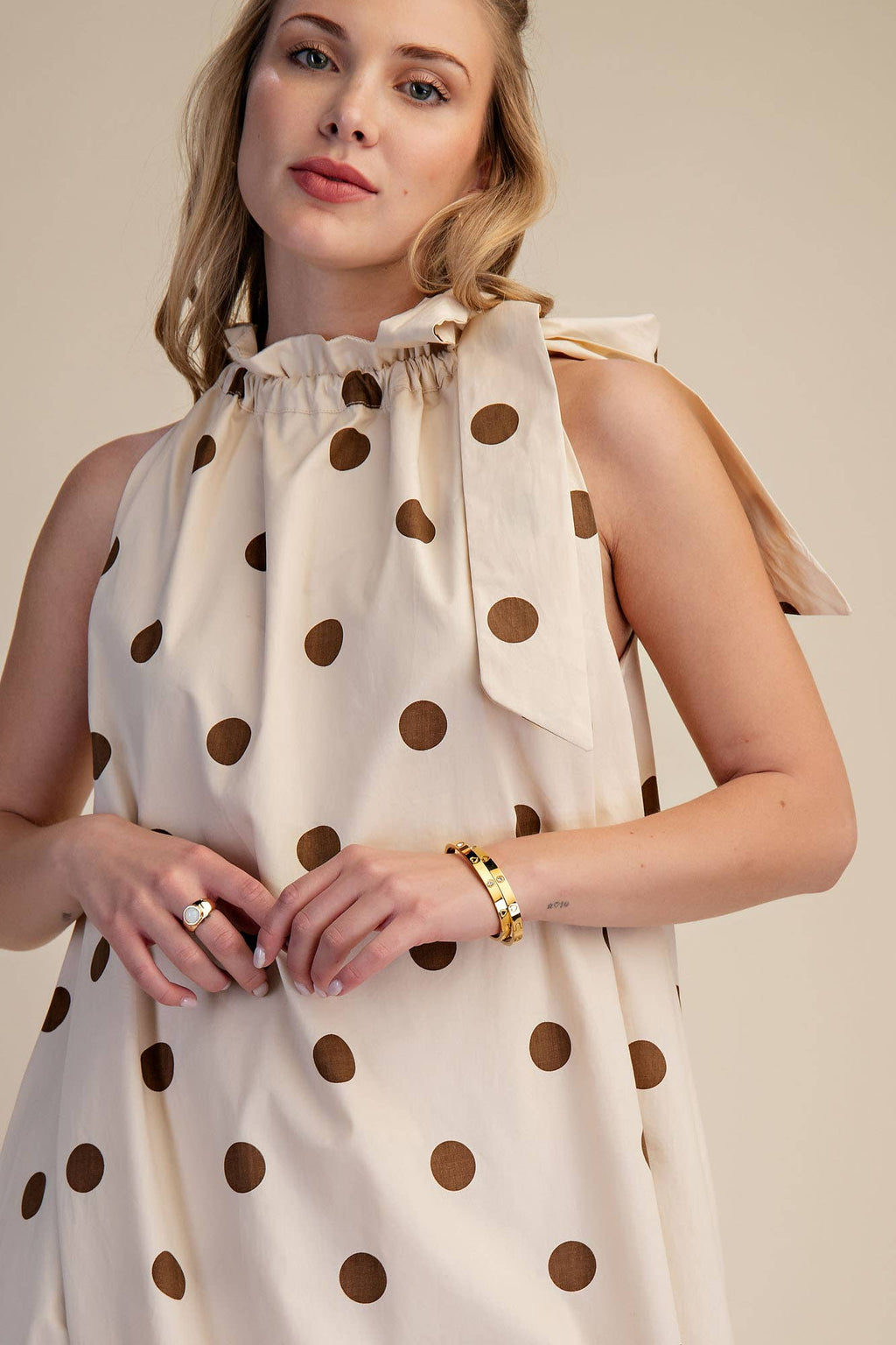 Ruffle Neck Tie Polka Dot Sleeveless Midi Dress