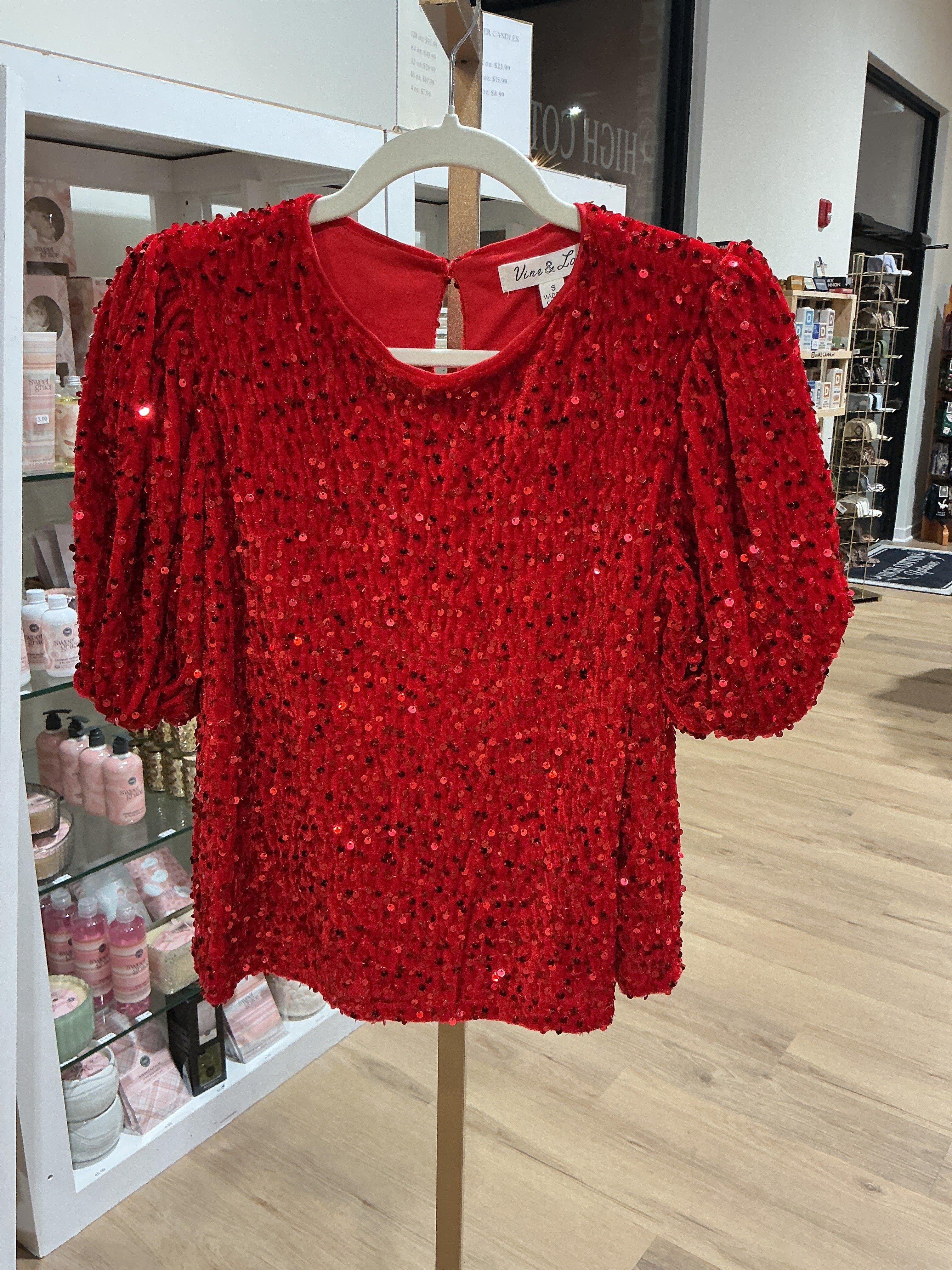 Velvet Sequin Accent Round Neck Puff Sleeve Blouse VT81955