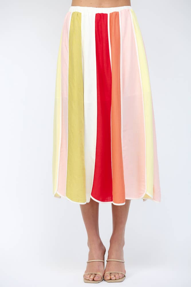 FATE - LINEN BLEND VERTICAL MULTICOLOR PANELS COLOR-BLOCK MIDI SKIR