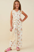 Girls Romantic Floral Belted Sleeveless Jumpsuit