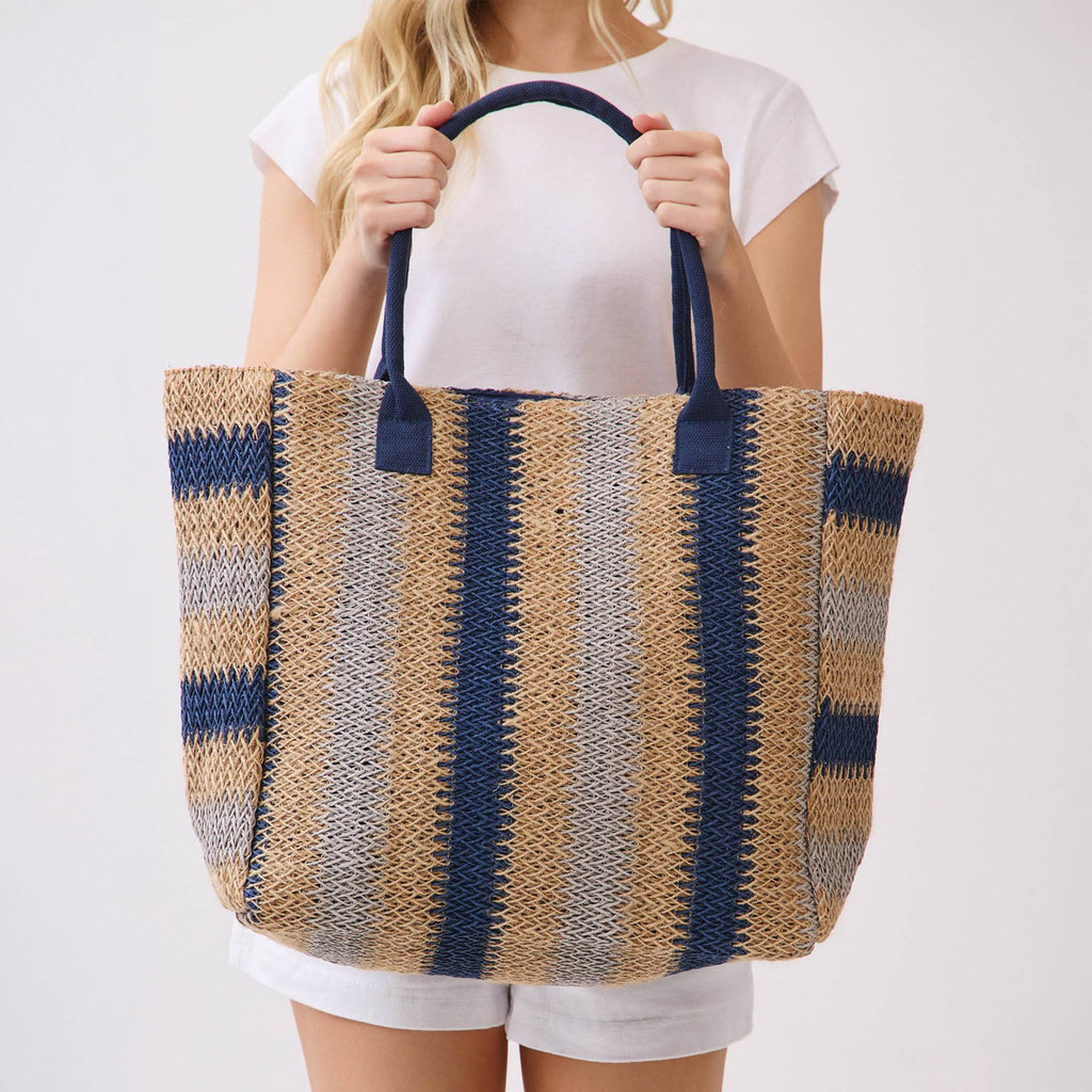 Hana - Multi Color Stripe Pattern Natural Brown Straw Tote Bag