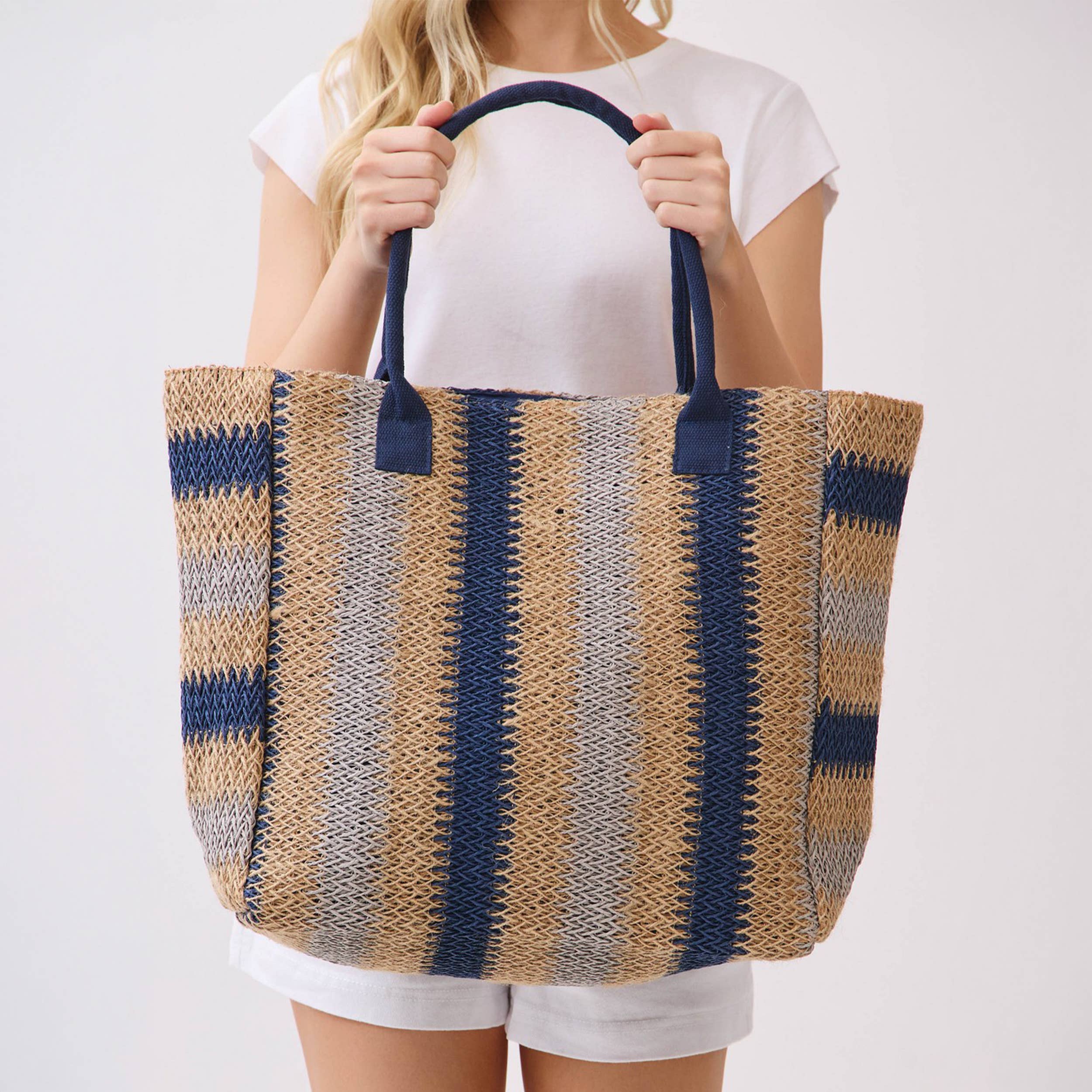 Hana - Multi Color Stripe Pattern Natural Brown Straw Tote Bag
