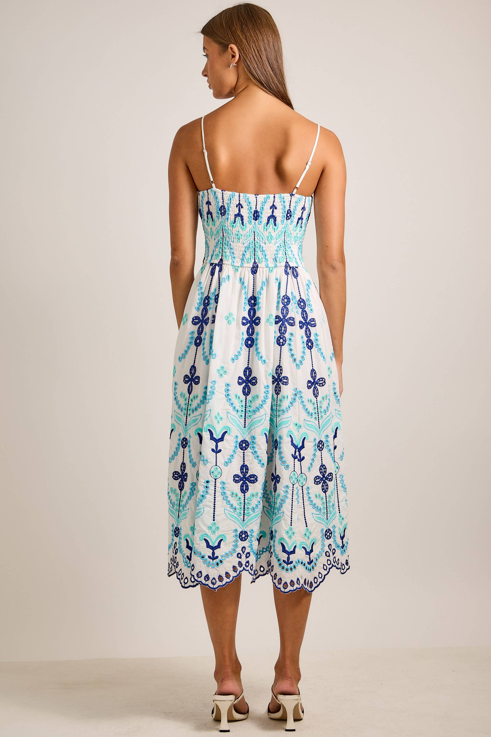 Embroidered Fit-and-Flare Midi Dress